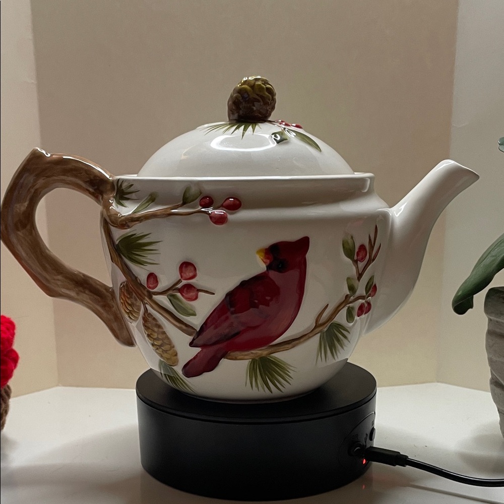 Charming White Teapot with Cardinal Design